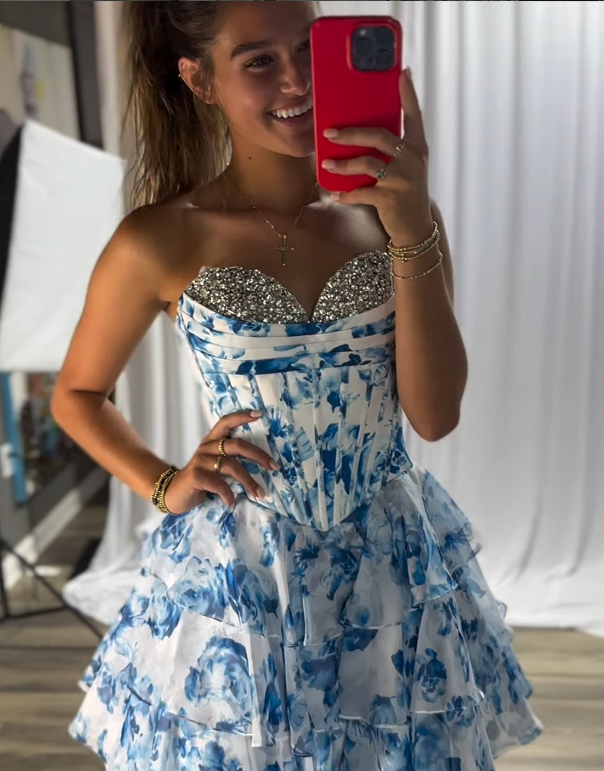 Sparkly Pink Floral A Line Short Corset Homecoming Dress with Beading