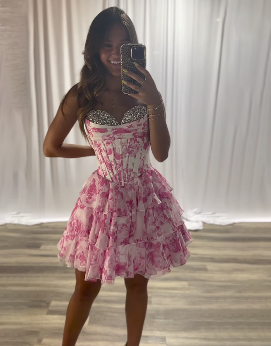Sparkly Pink Floral Chiffon A Line Short Corset Homecoming Dress with Beading