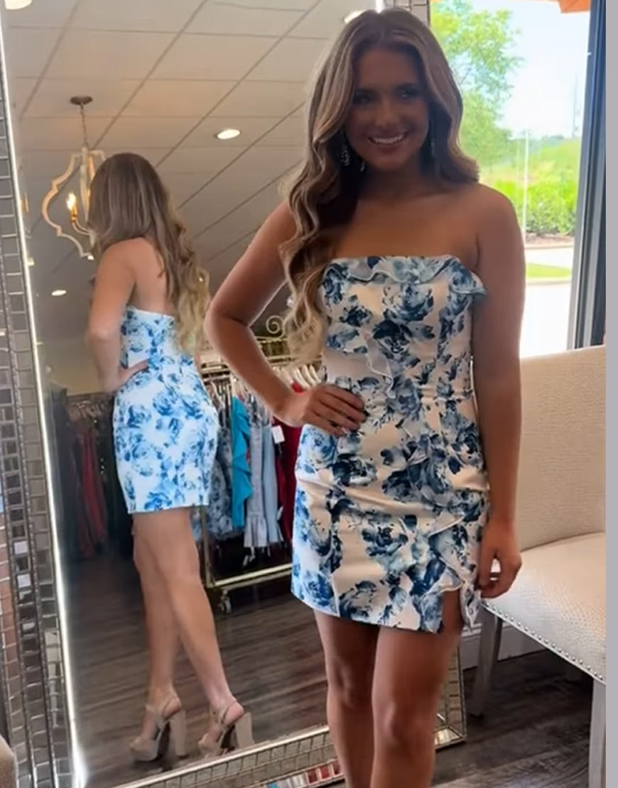 Blue Floral Short Tight Strapless Homecoming Dress with Ruffles