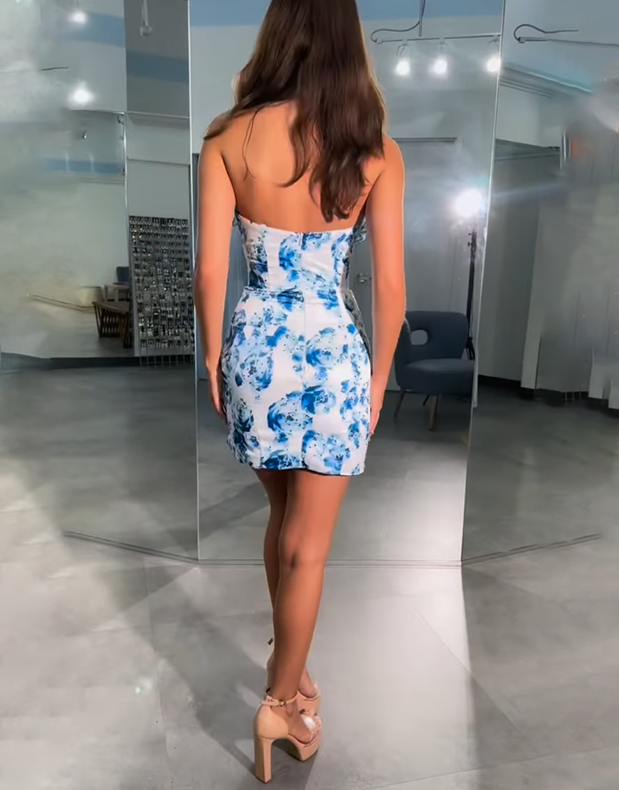 Blue Floral Strapless Bodycon Homecoming Dress with Ruffles