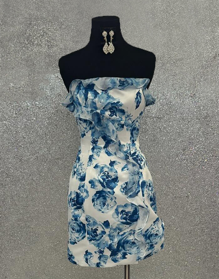 Blue Floral Short Tight Strapless Homecoming Dress with Ruffles