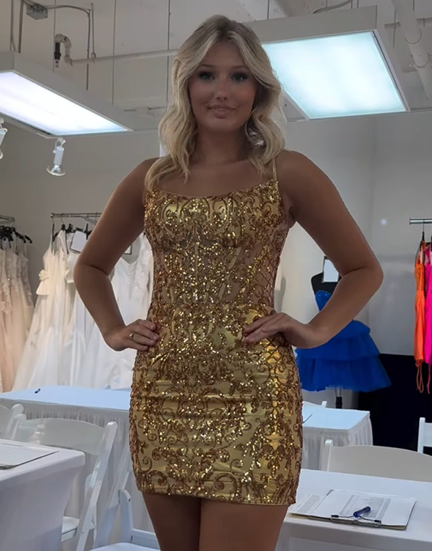 Sparkly Gold Tight Short Corset Sequin Homecoming Dress
