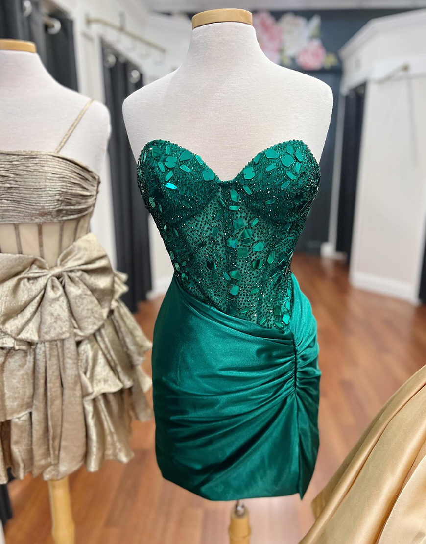 Sparkly Green Satin Mirror Short Tight Homecoming Dress with Beading