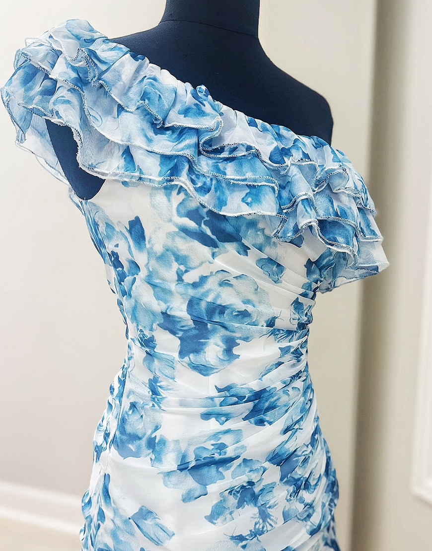 Pink Floral Tight Short Chiffon Homecoming Dress with Ruffles