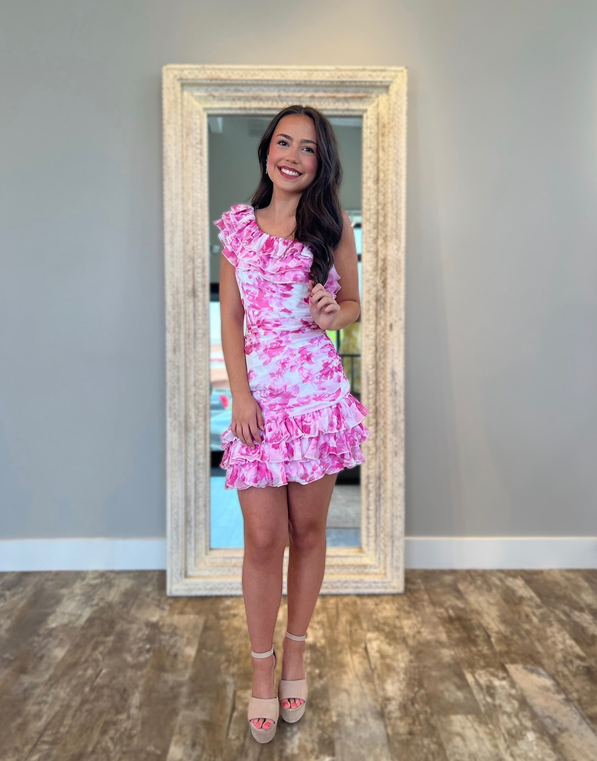Pink Floral Tight Short Chiffon Homecoming Dress with Ruffles