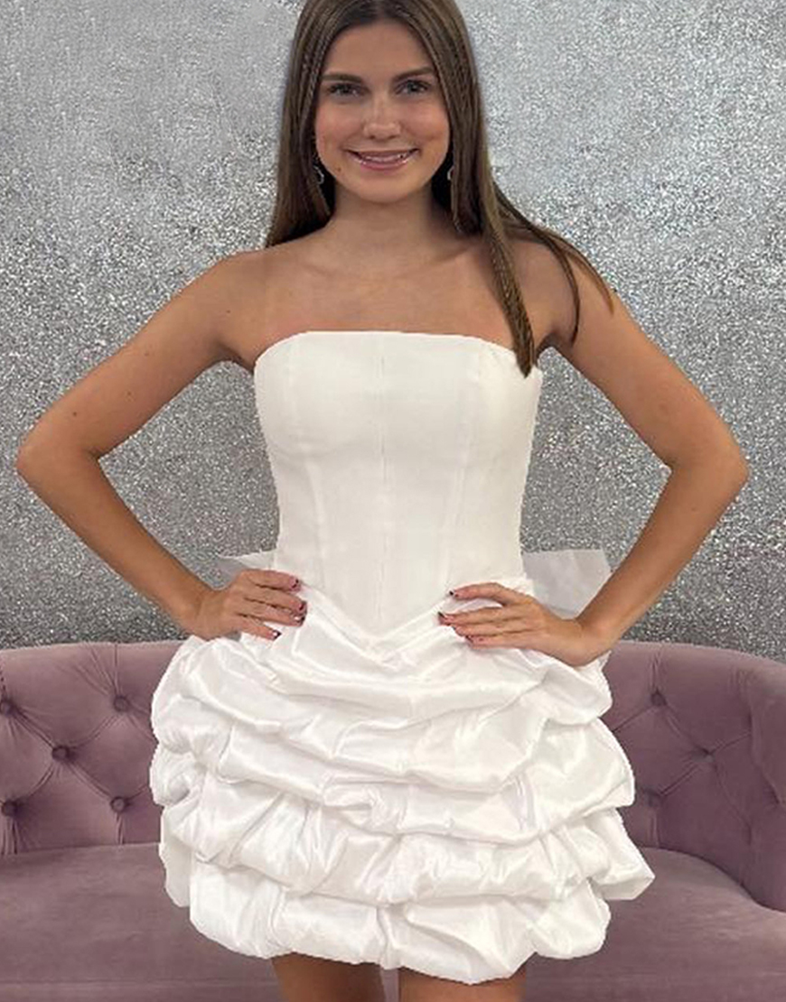 White A Line Short Satin Homecoming Dress with Ruffles