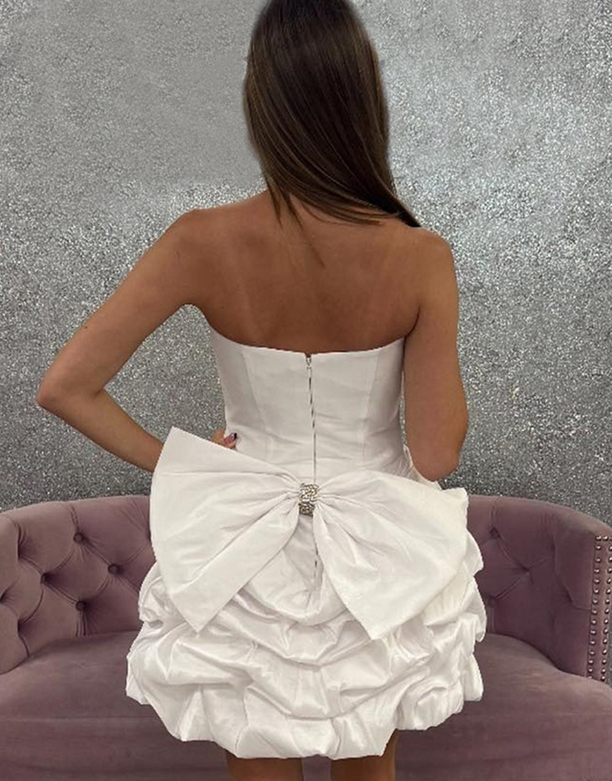 White A Line Short Satin Homecoming Dress with Ruffles