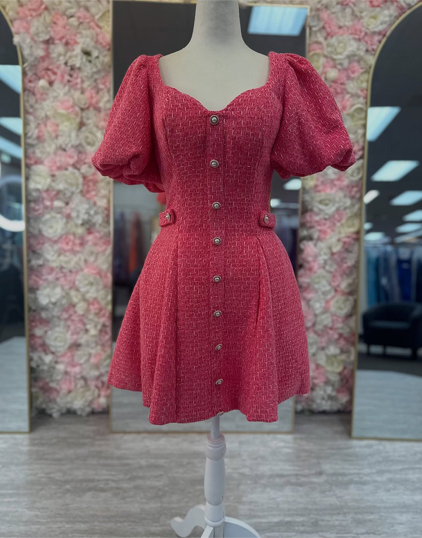 Red Tweed A Line Button Short Homecoming Dress