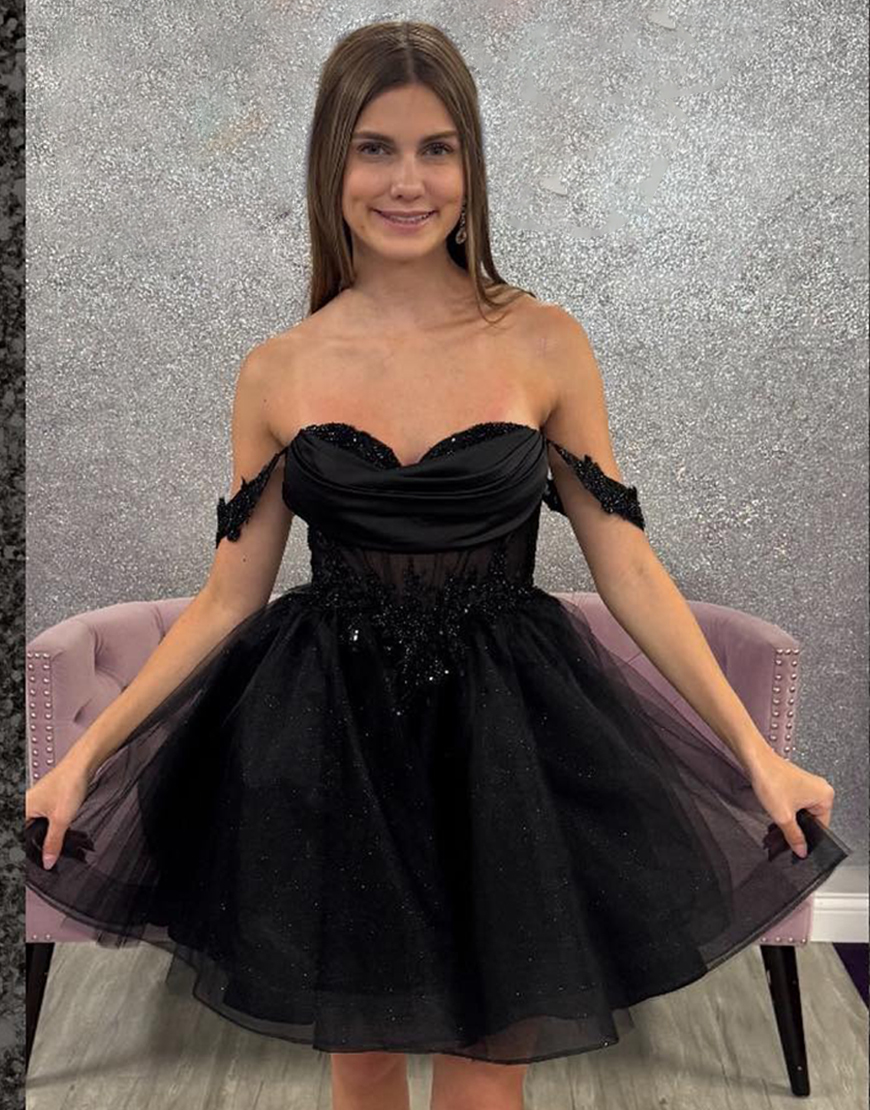 Sparkly Black Corset Tulle A Line Beaded Short Homecoming Dress