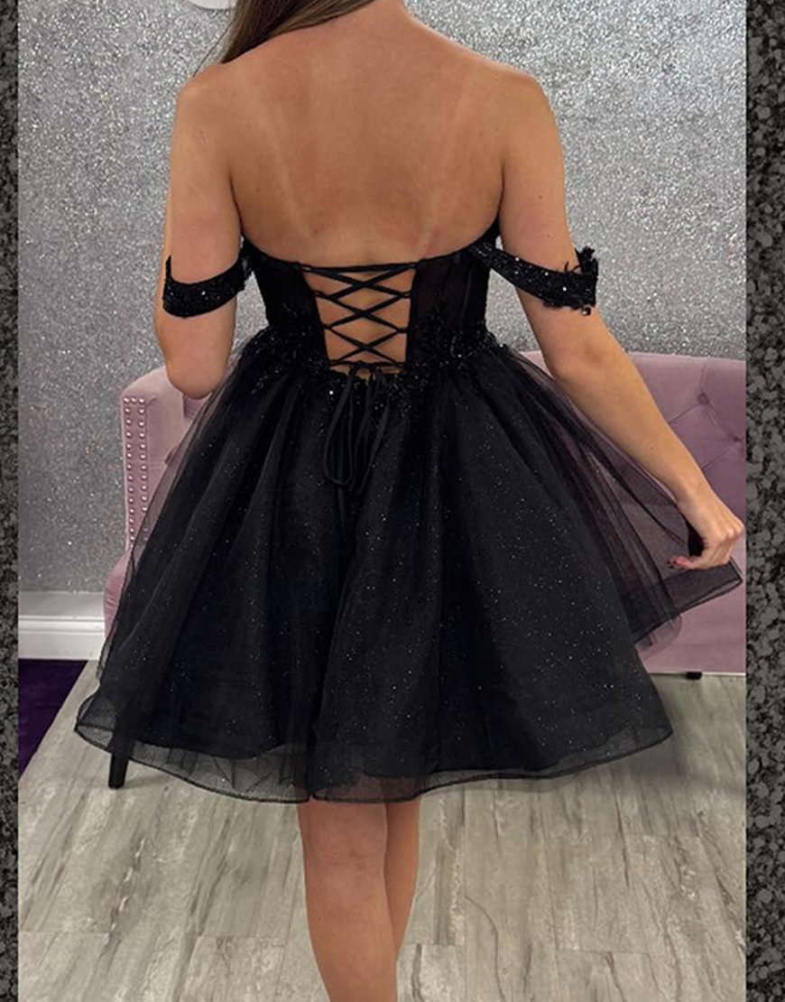 Sparkly Black Corset Tulle A Line Beaded Short Homecoming Dress
