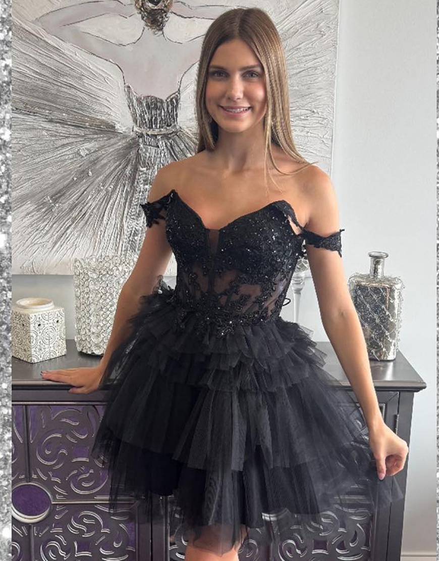Sparkly Black Corset Tulle Short Homecoming Dress with Lace