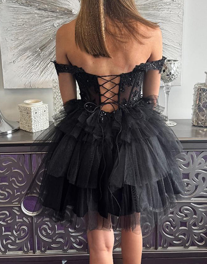 Sparkly Black Corset Tulle Short Homecoming Dress with Lace
