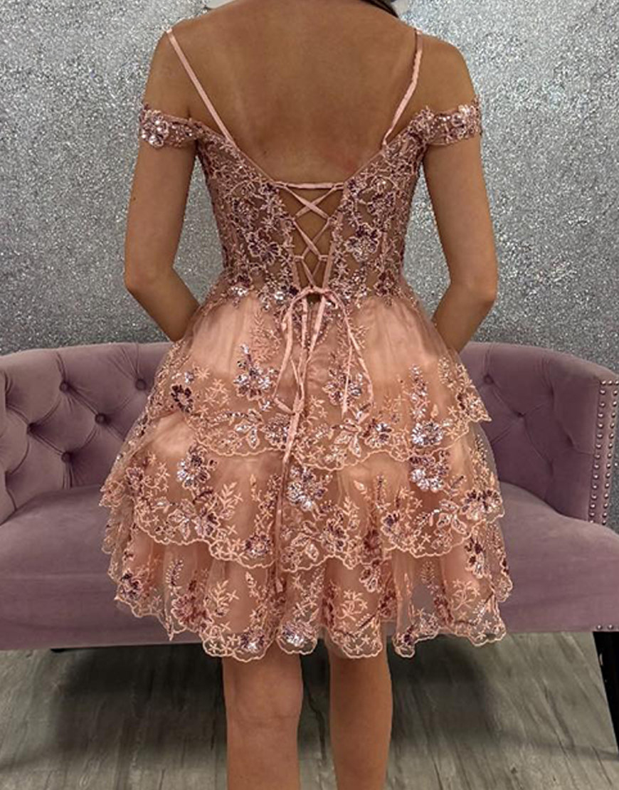 Blush A Line Corset Short Ruffled Homecoming Dress with Lace
