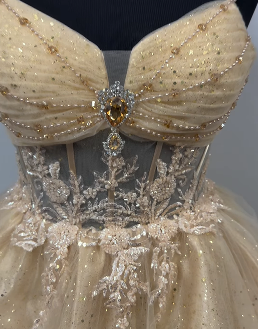 Gold Corset A Line Tulle Short Homecoming Dress with Appliques