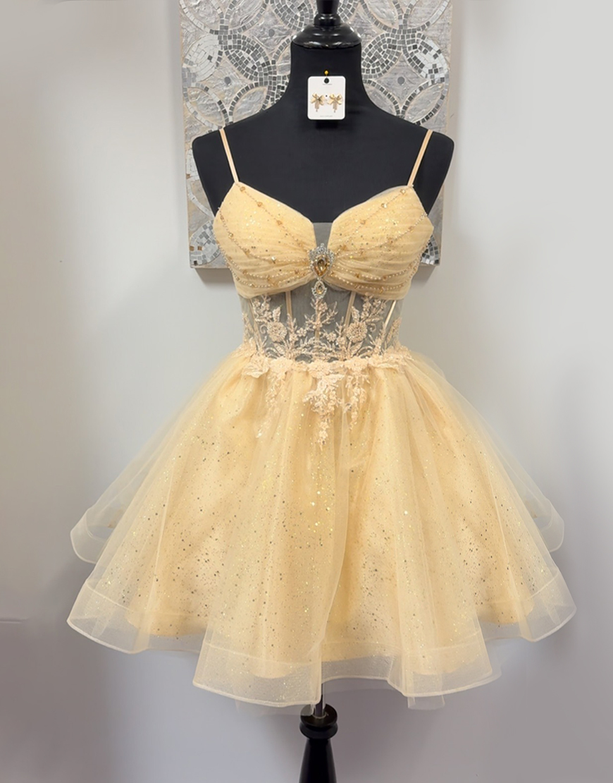 Gold Corset A Line Tulle Short Homecoming Dress with Appliques