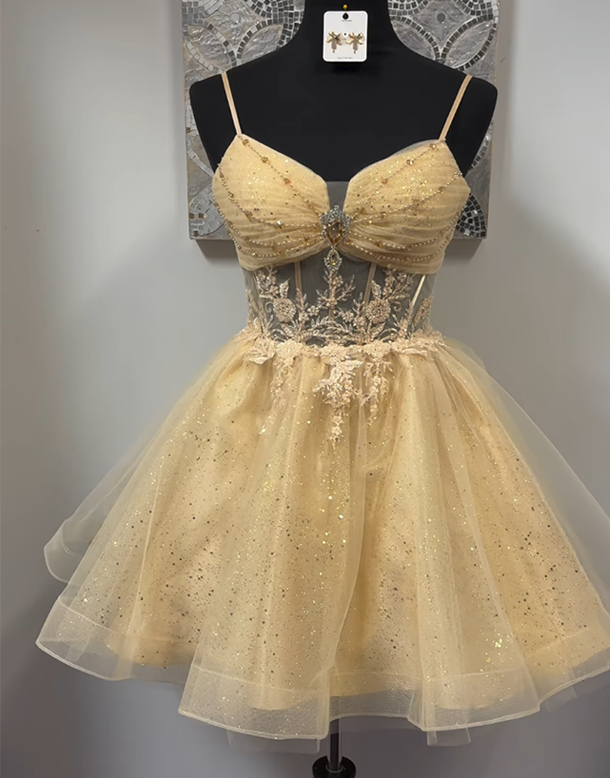Gold Corset A Line Tulle Short Homecoming Dress with Appliques