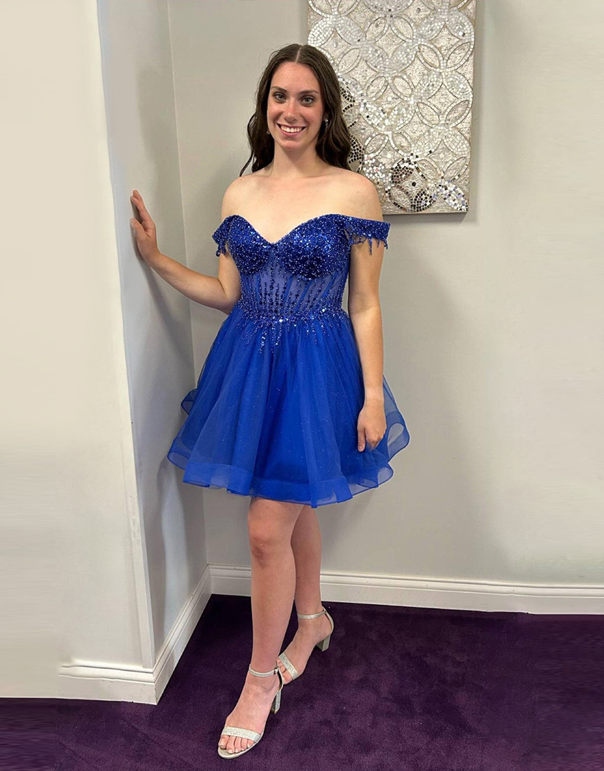 Sparkly Royal Blue Corset Tulle Beaded Short Homecoming Dress