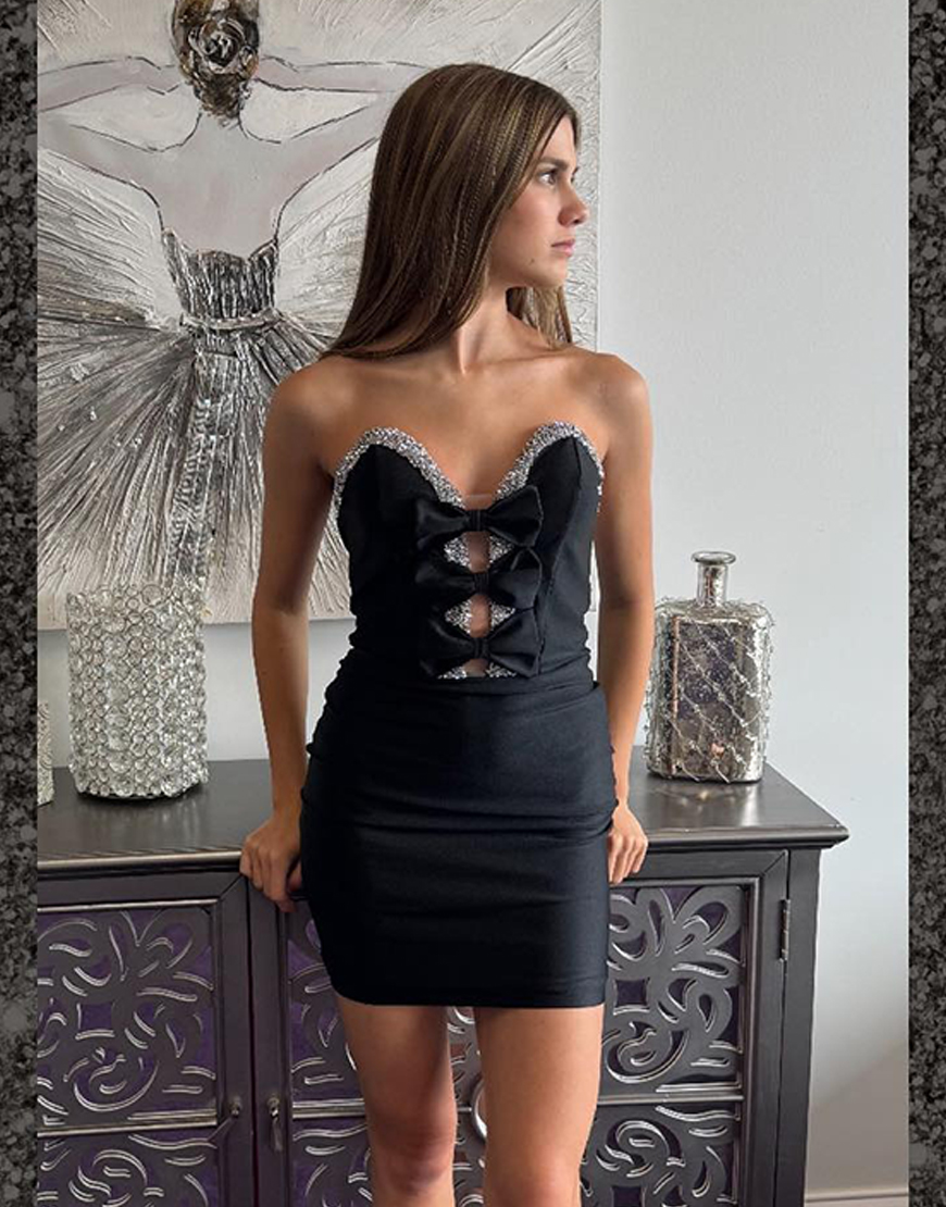Sparkly Black Keyhole Beaded Short Homecoming Dress with Bows