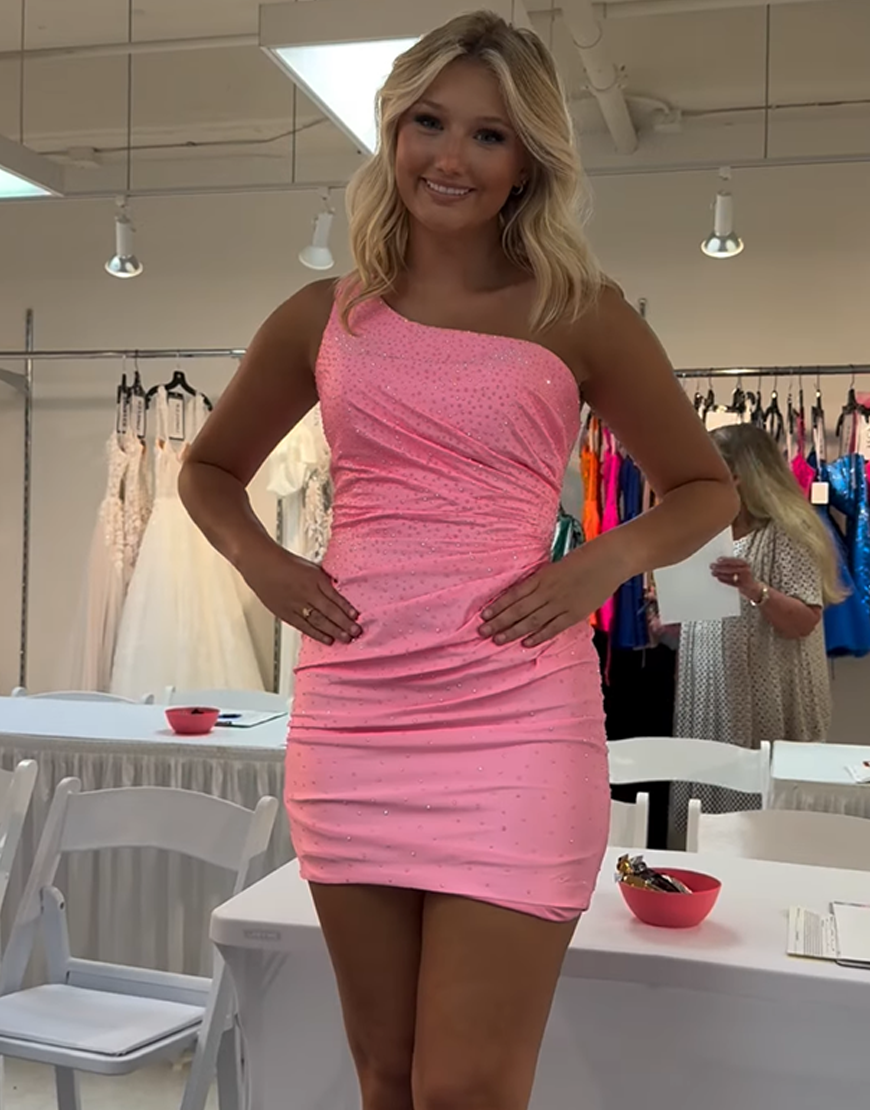 Sparkly Pink One Shoulder Satin Short Homecoming Dress with Beading