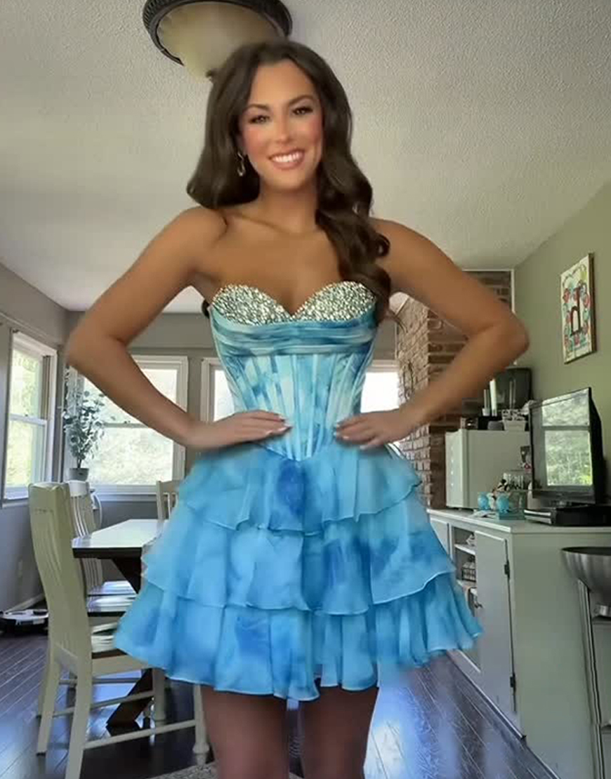 Sparkly Blue Chiffon Ruffled Corset Short Homecoming Dress with Beading