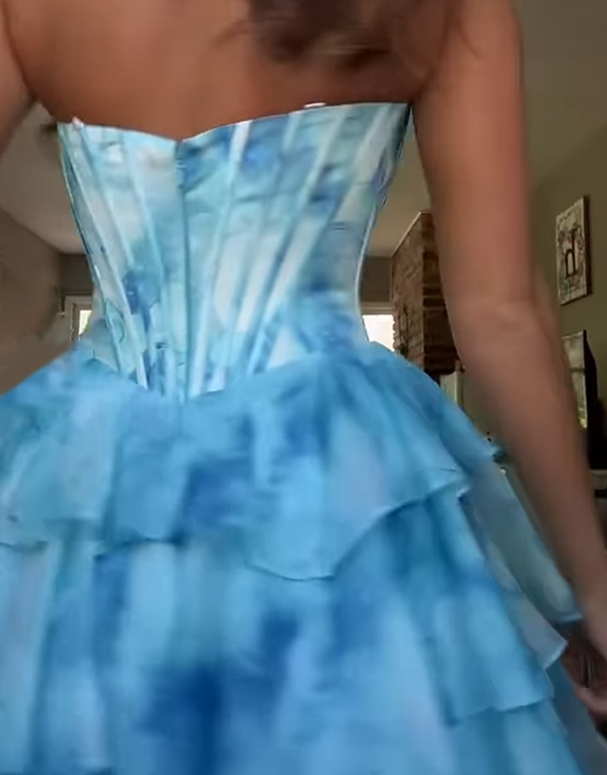 Sparkly Blue Chiffon Ruffled Corset Short Homecoming Dress with Beading