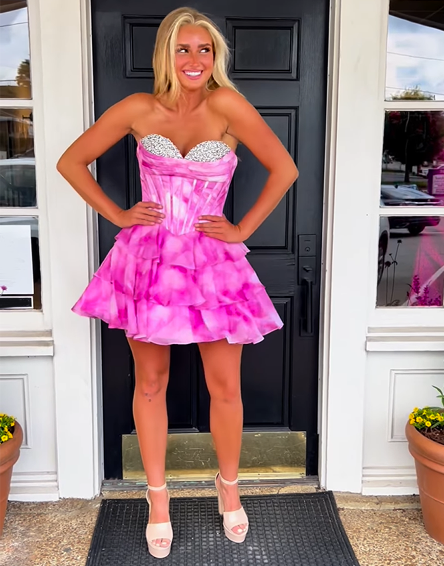 Sparkly Blue Chiffon Ruffled Corset Short Homecoming Dress with Beading