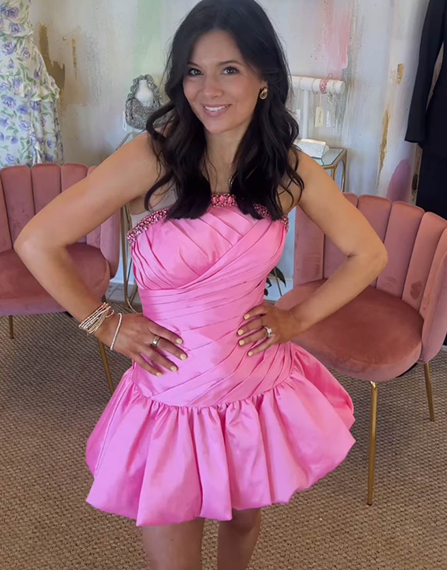 Pink Satin Tight Short Homecoming Dress with Rhinestones