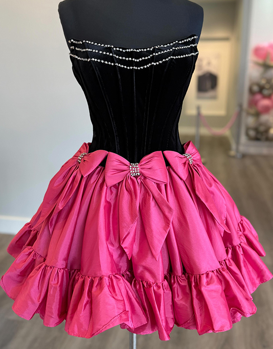 Sparkly Black and Fuchsia A Line Corset Short Homecoming Dress with Bow