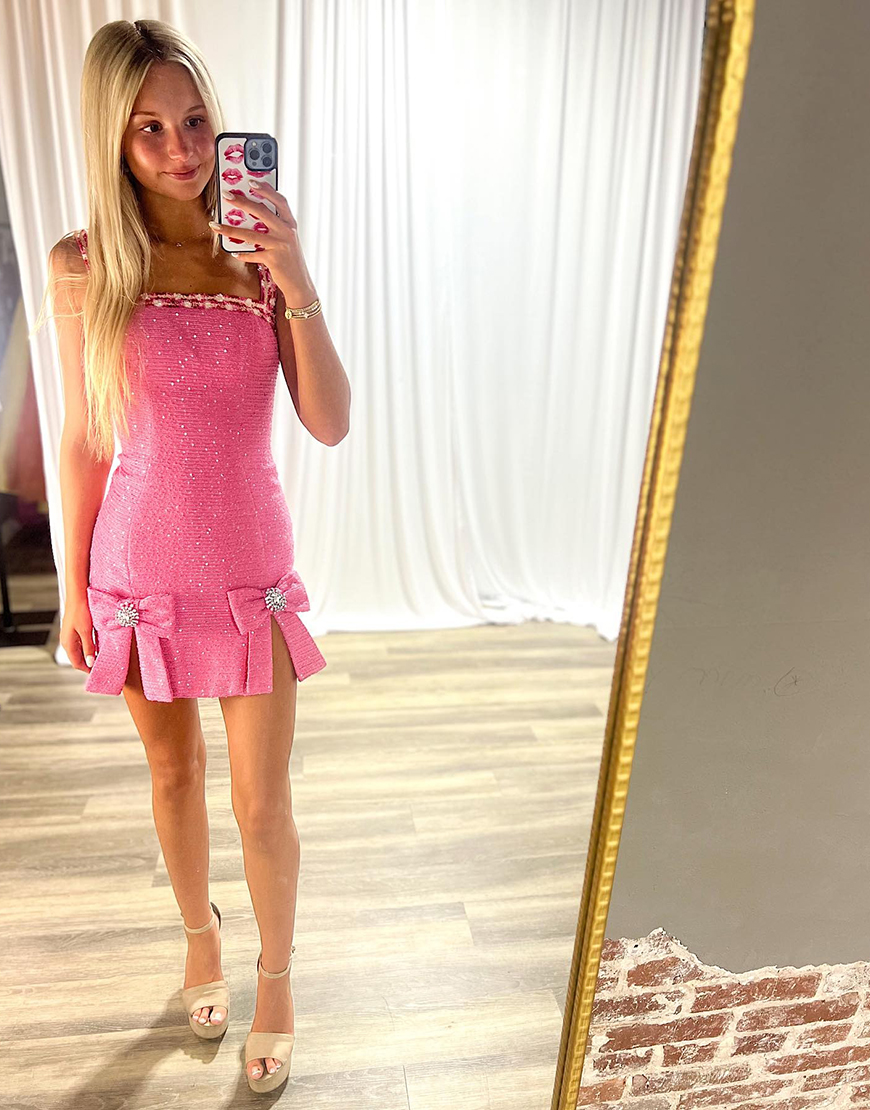 Sparkly Blue Tight Short Tweed Homecoming Dress with Bows