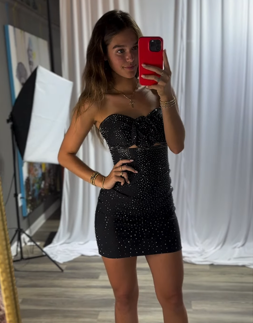 Sparkly Black Floral Strapless Short Tight Homecoming Dress with Beading