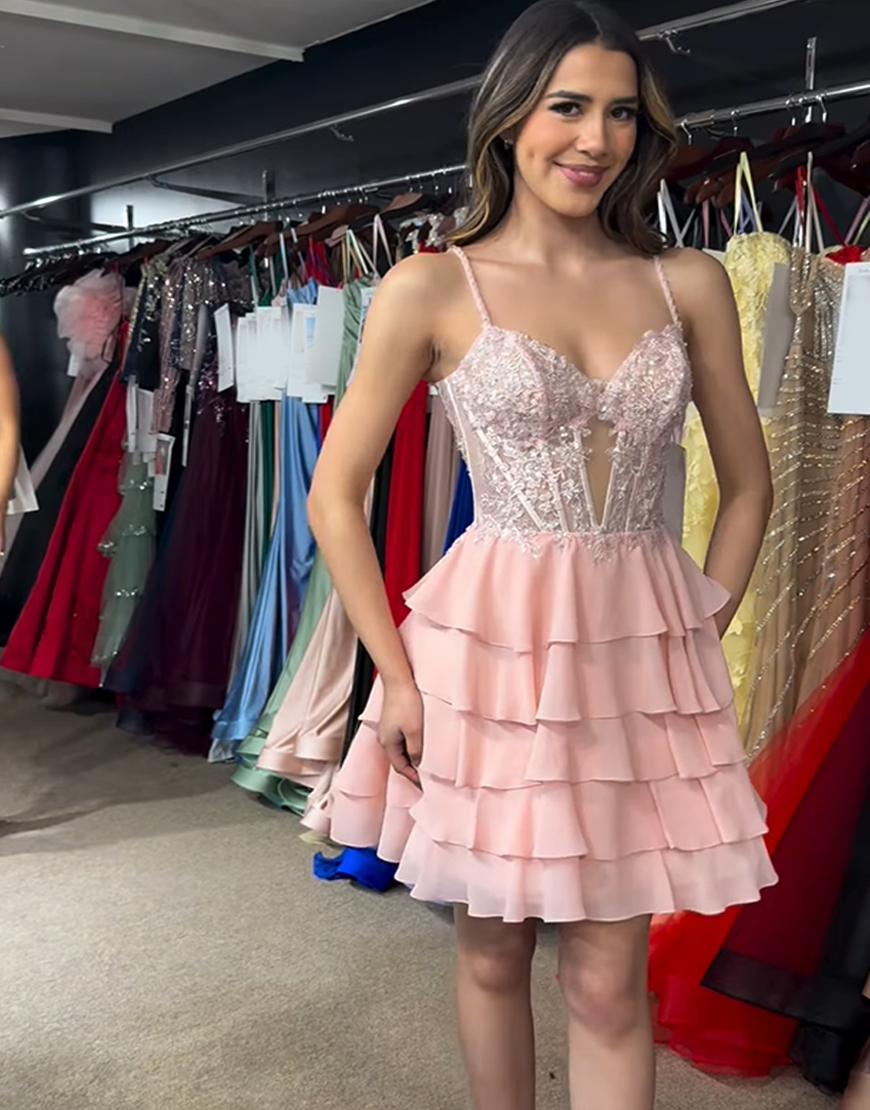 Pink Chiffon A Line Corset Appliqued Short Homecoming Dress