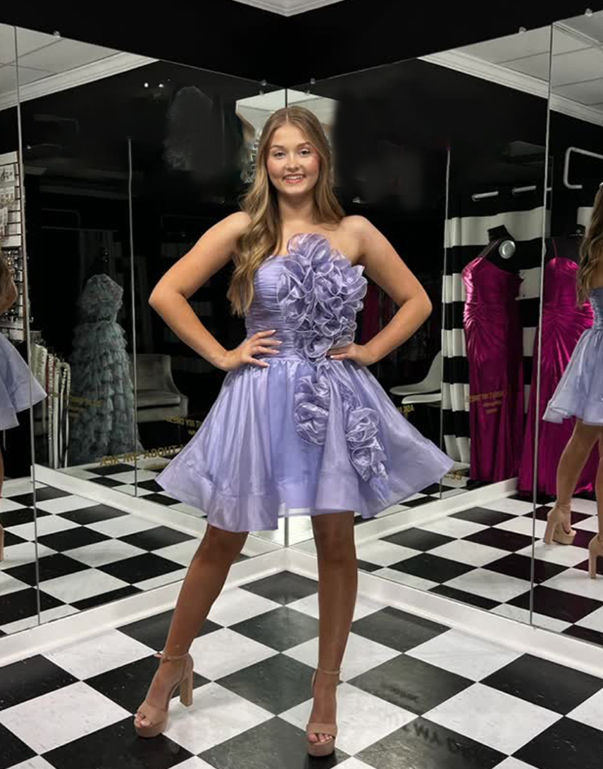 Lilac A Line Strapless Organza Ruffled Short Homecoming Dress