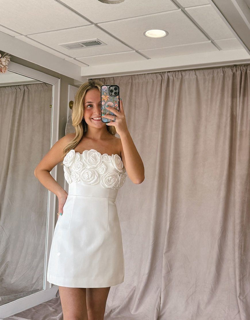 White Satin Short Strapless Homecoming Dress with Flowers