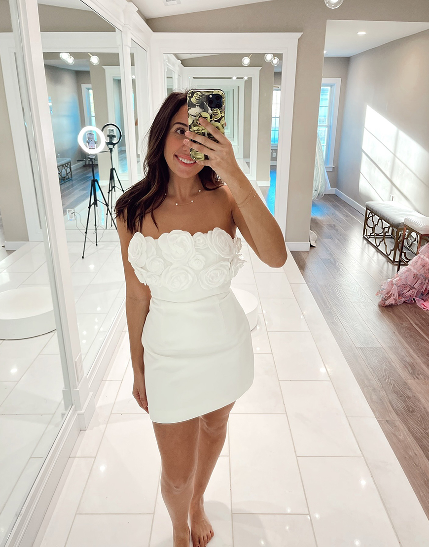 White Satin Short Strapless Homecoming Dress with Flowers