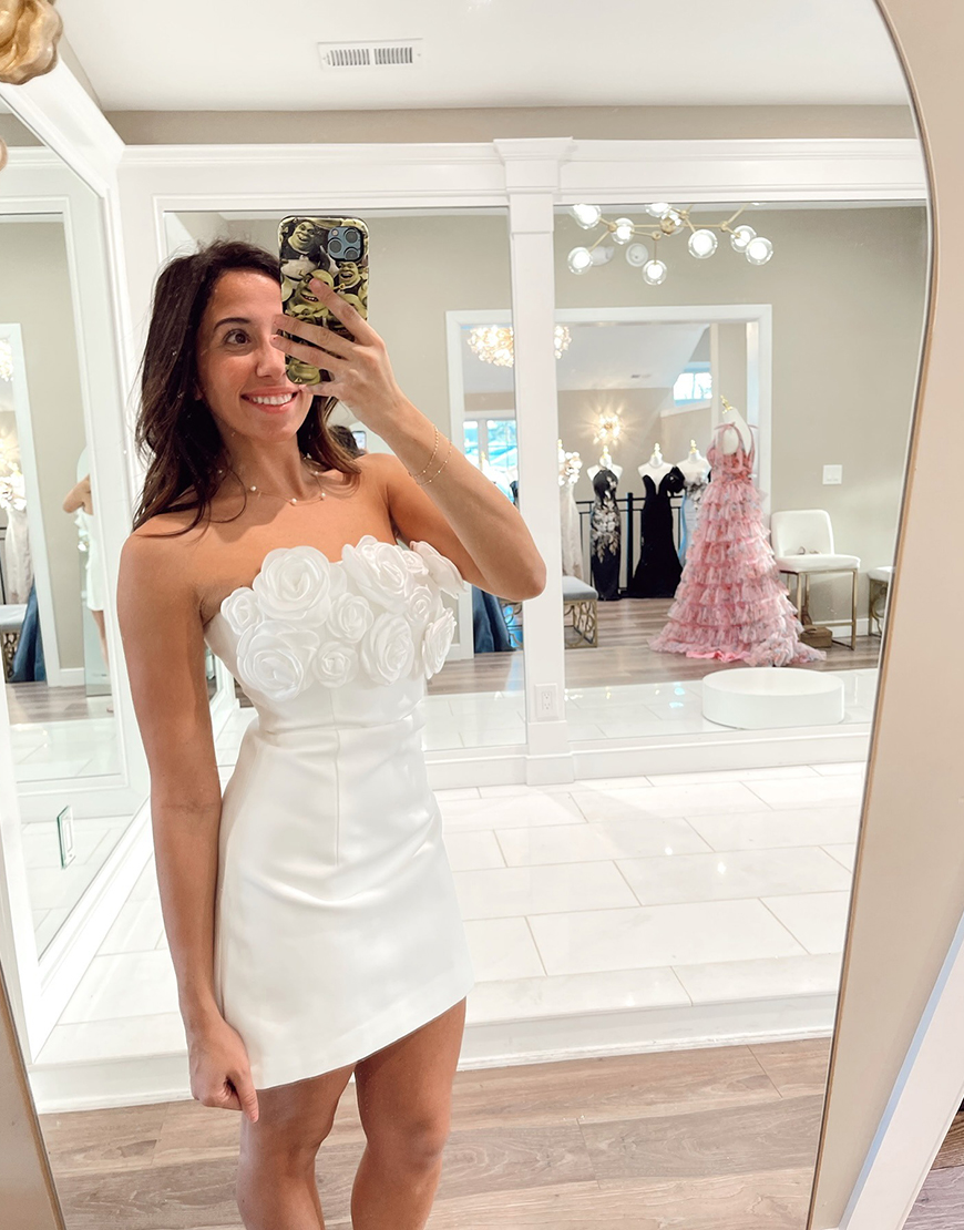 White Satin Short Strapless Homecoming Dress with Flowers