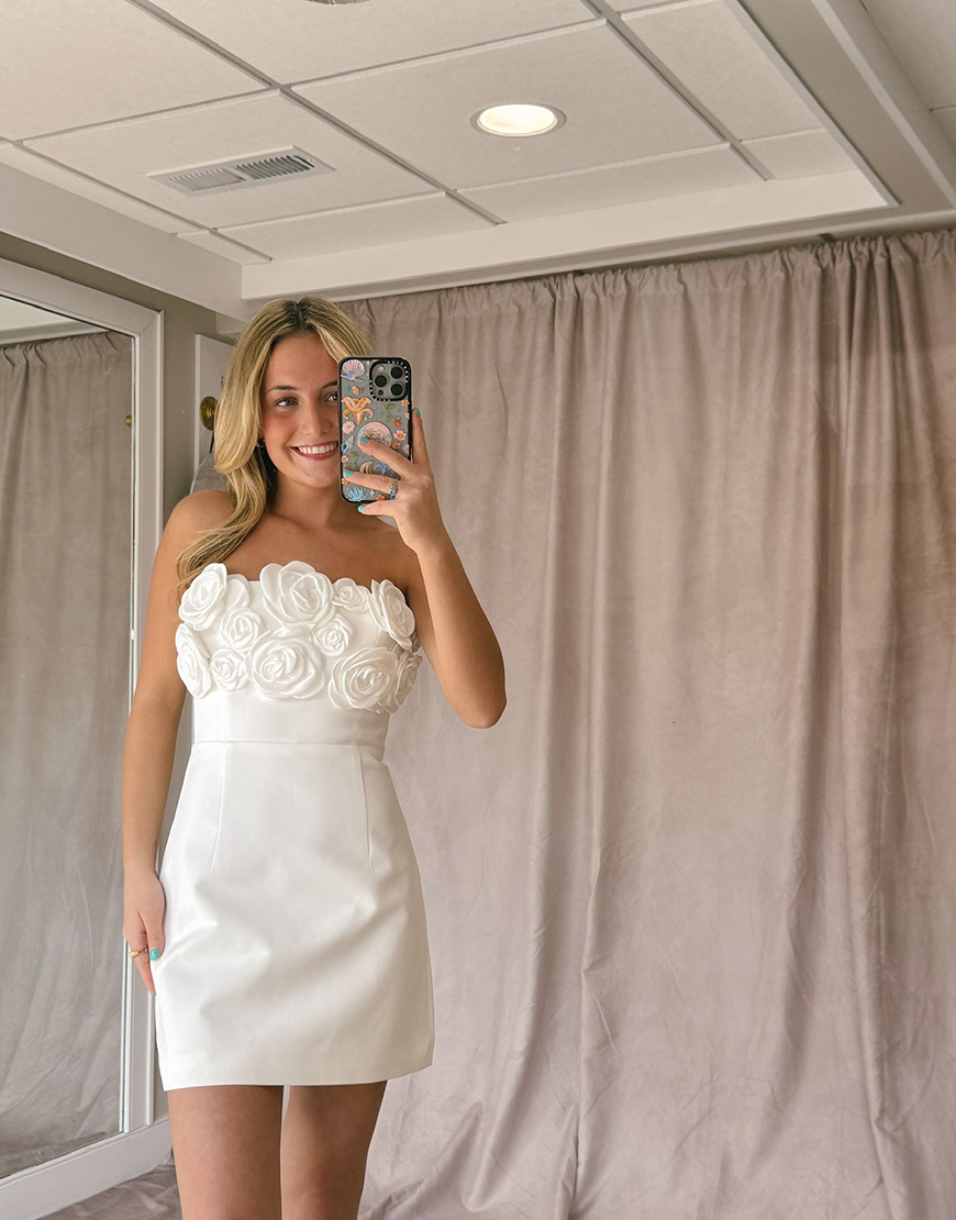 White Satin Short Strapless Homecoming Dress with Flowers