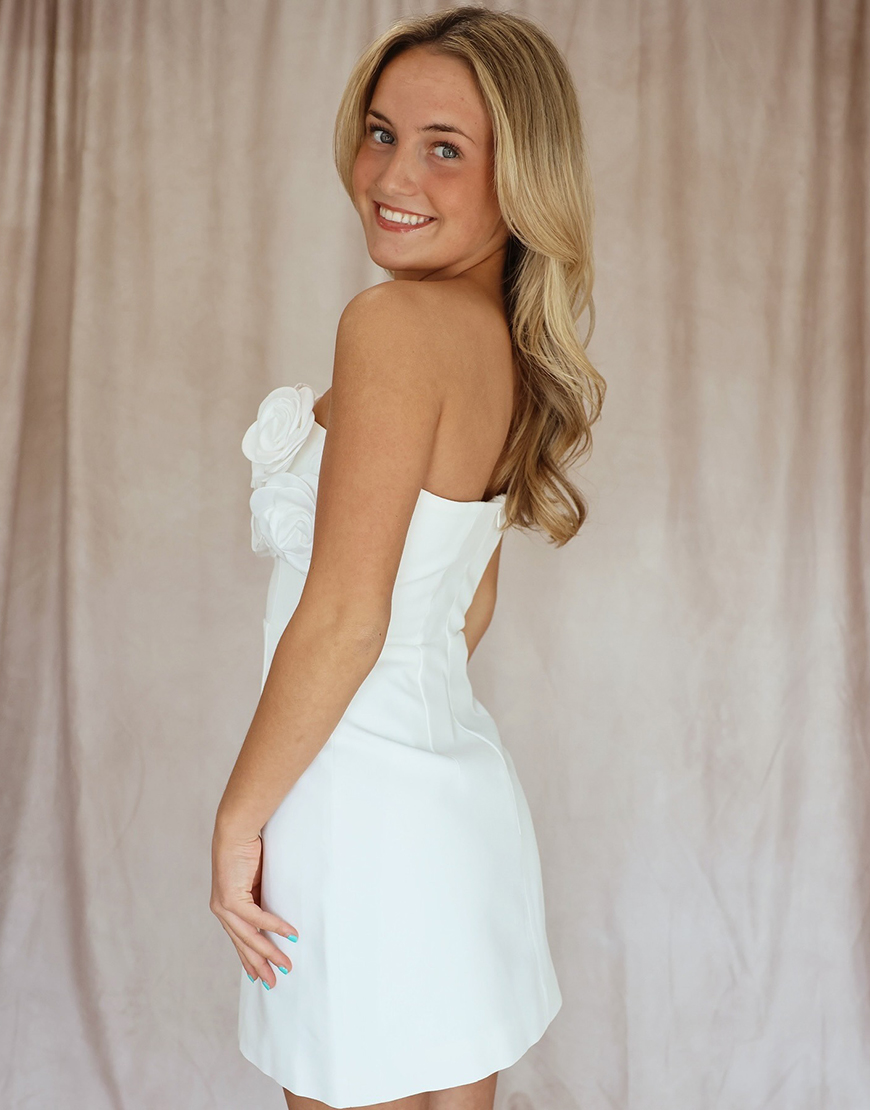 White Satin Short Strapless Homecoming Dress with Flowers