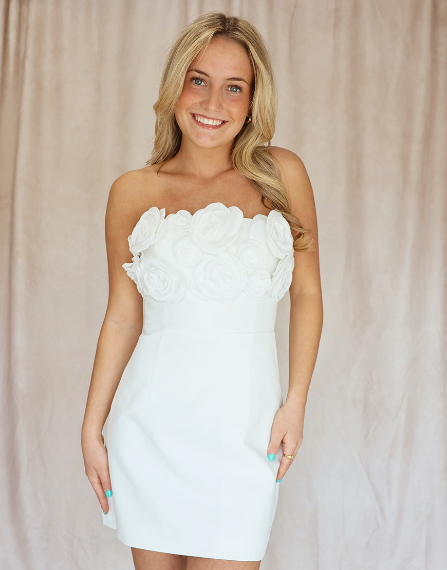 White Satin Short Strapless Homecoming Dress with Flowers