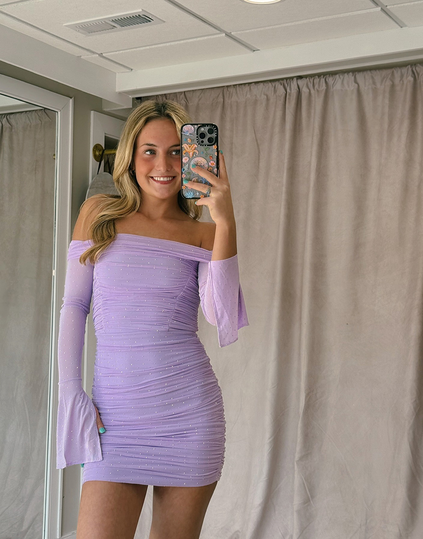 Sparkly Lilac Tight Short Long Sleeves Homecoming Dress with Beading