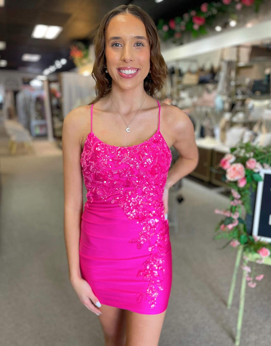 Sparkly Fuchsia Short Satin Appliqued Tight Homecoming Dress
