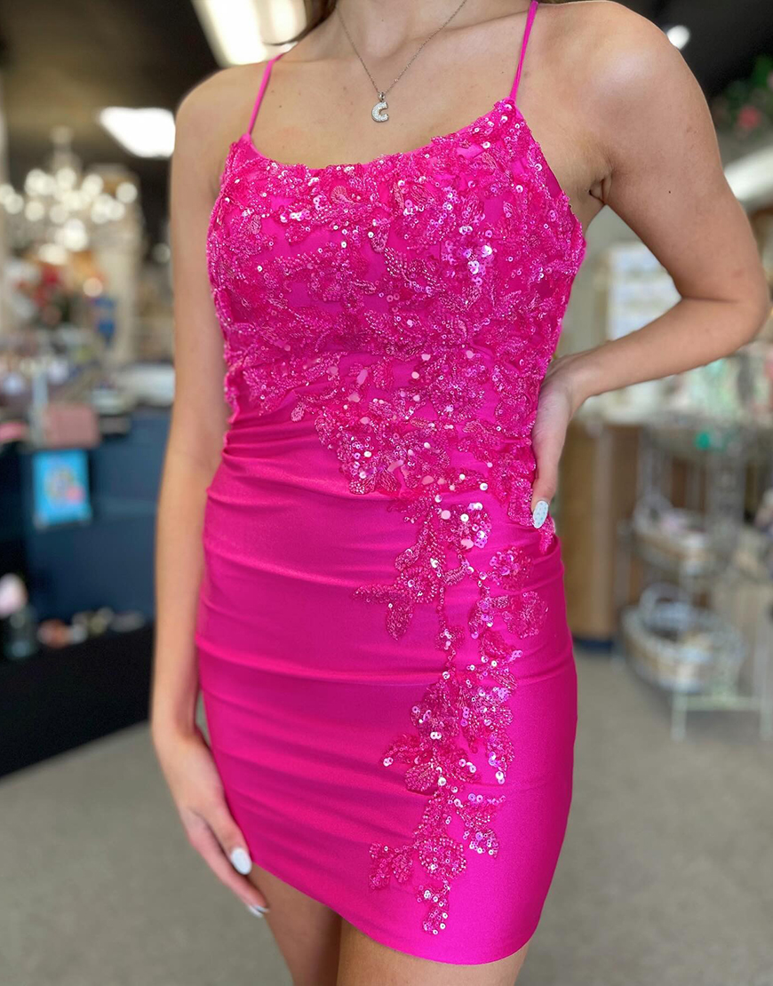 Sparkly Fuchsia Short Satin Appliqued Tight Homecoming Dress