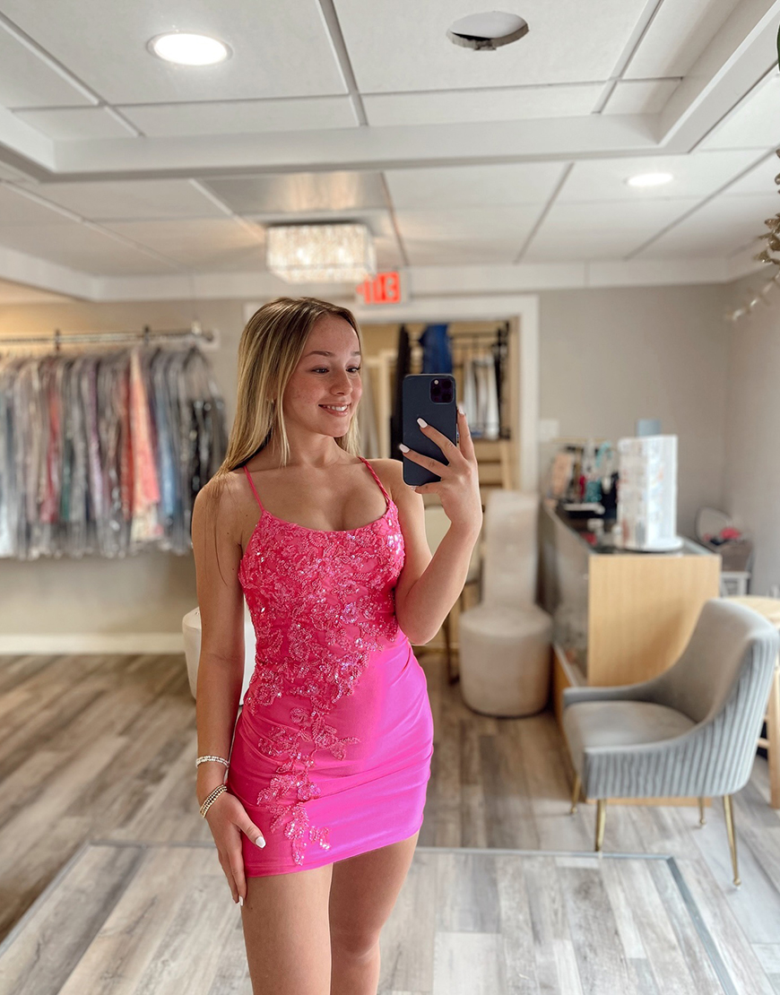 Sparkly Fuchsia Short Satin Tight Homecoming Dress with Appliques