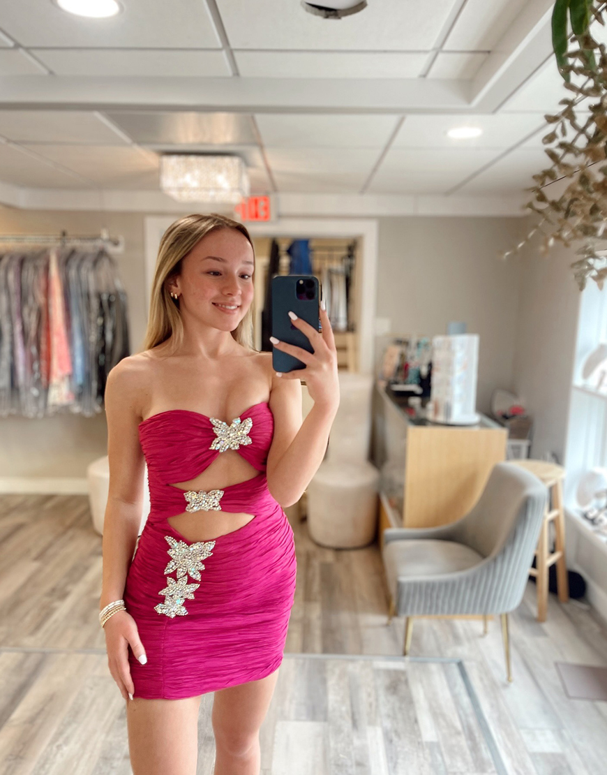 Sparkly Fuchsia Tight Cut Out Short Homecoming Dress with Beading