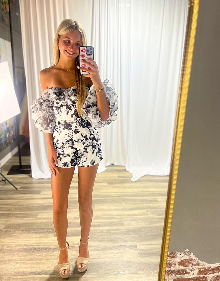 Black Floral Tight Short Homecoming Jumpsuits with Sleeves