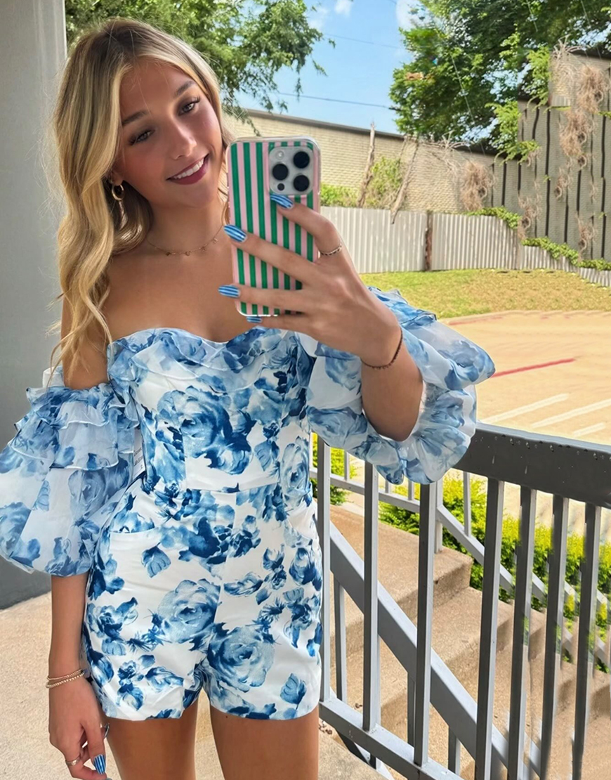 Black Floral Tight Short Homecoming Jumpsuits with Sleeves