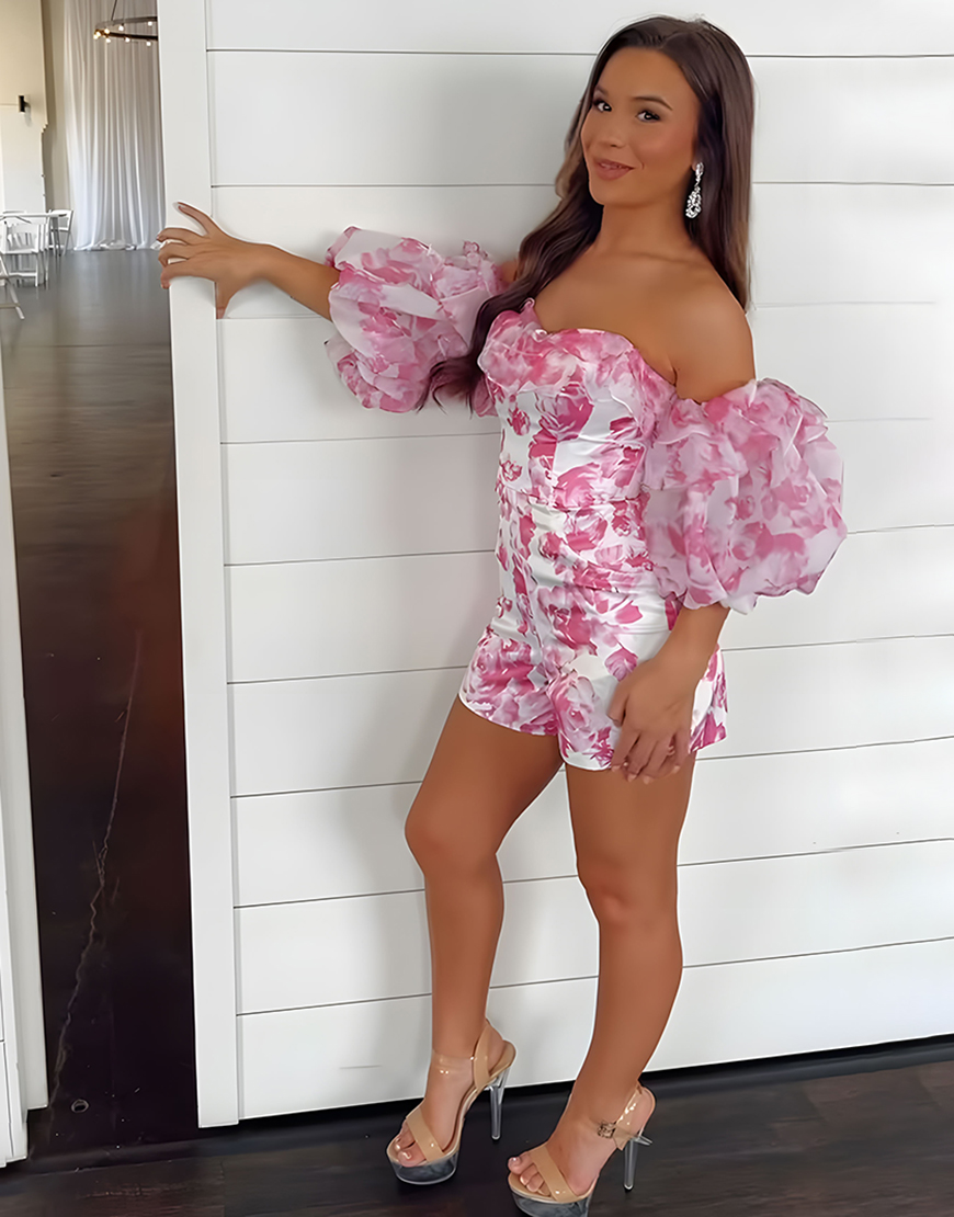 Black Floral Tight Short Homecoming Jumpsuits with Sleeves