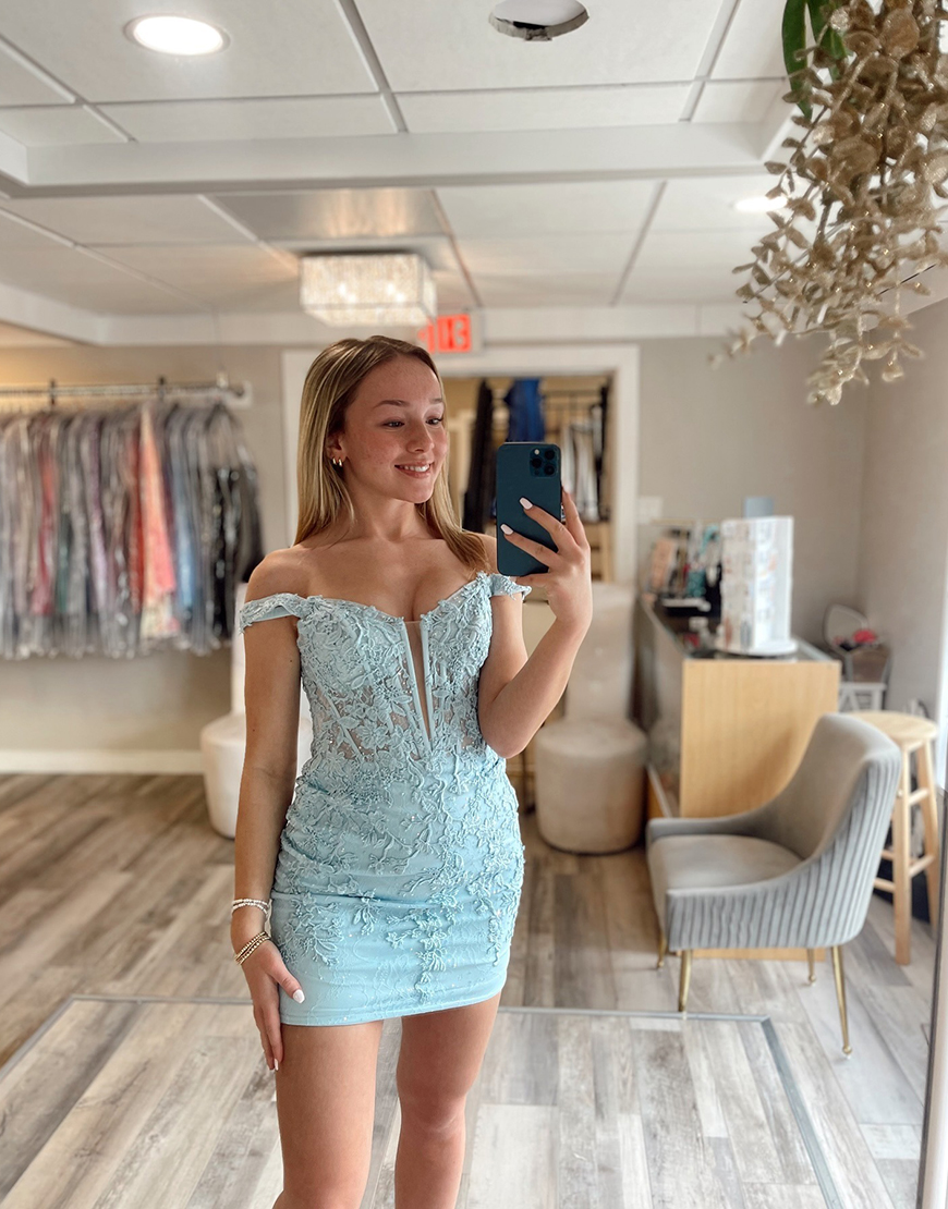 Blue Corset Tight Off The Shoulder Lace Short Homecoming Dress