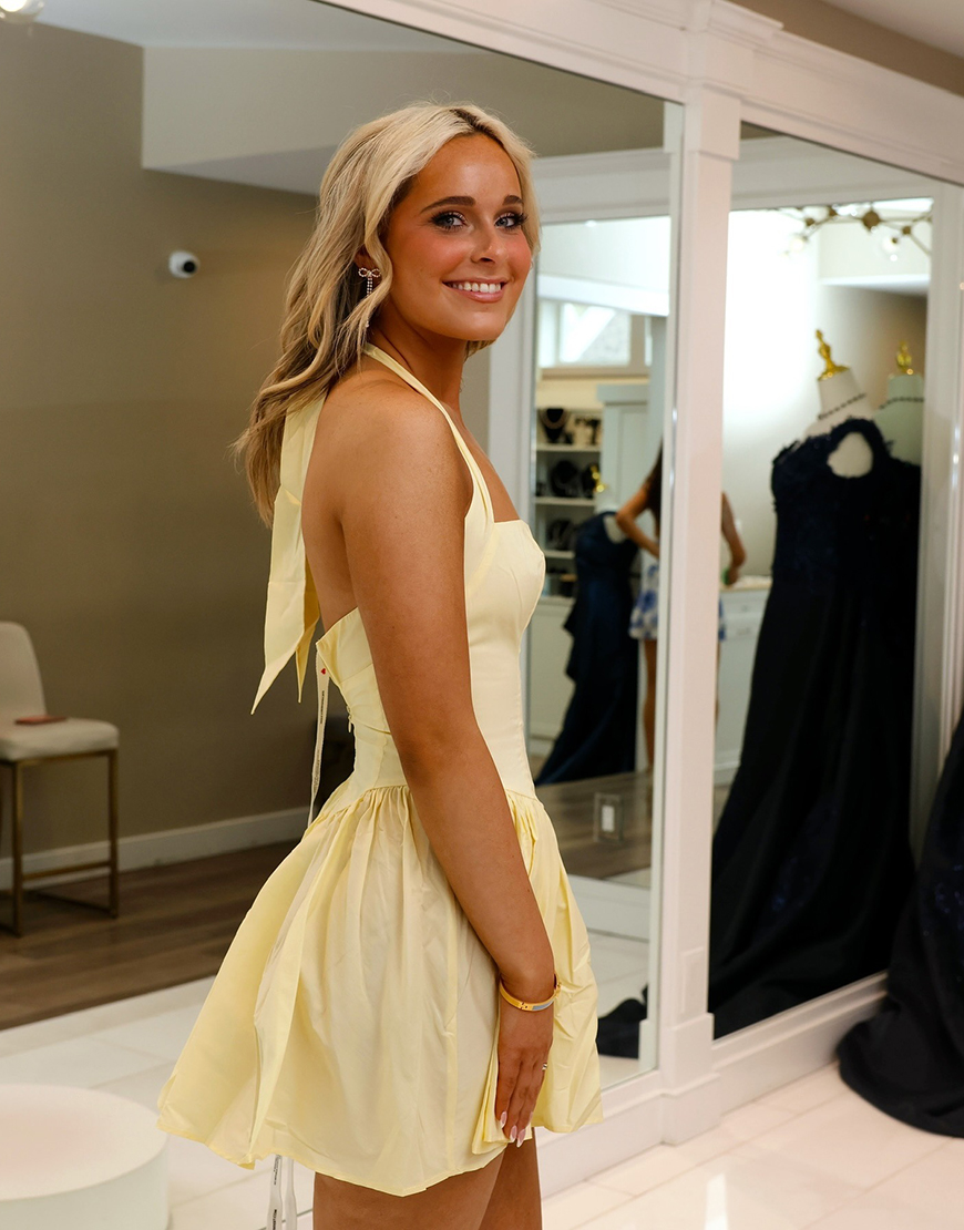 Yellow Corset A Line Short Halter Homecoming Dress