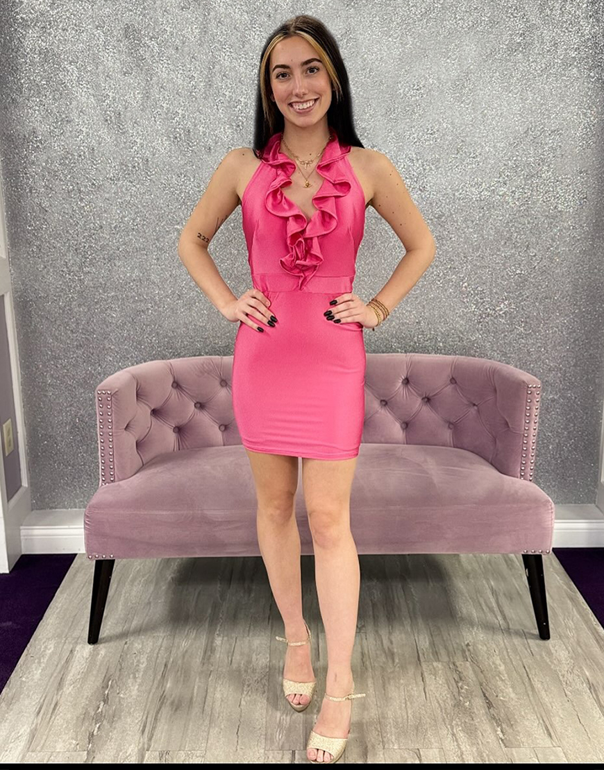 Green Satin Halter Short Tight Homecoming Dress with Ruffles