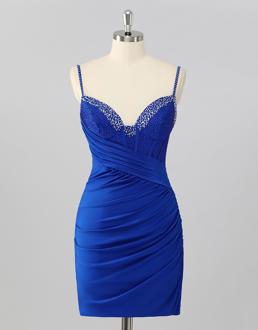 Berlinnova Women Sparkly Royal Blue Short Corset Homecoming Dress Beaded Satin Ruched Spaghetti Straps Tight Hoco Dress